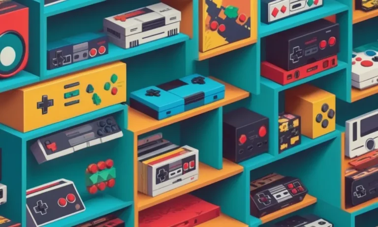 Un estante lleno de cajas de videojuegos vintage y consolas junto a accesorios de juego modernos.