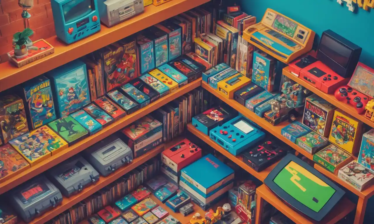 Un estante lleno de videojuegos retro, rodeado de memorabilia nostálgica.