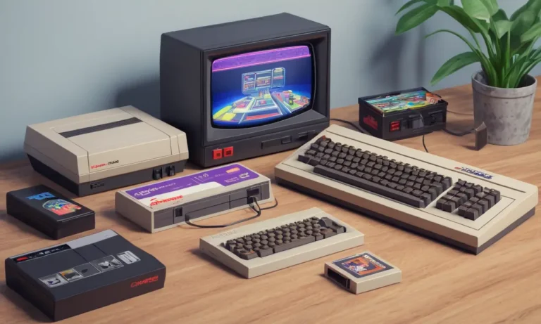 Una escena nostálgica que muestra el icónico Commodore 64 ordenador rodeado de cartuchos de videojuegos clásicos y una consola de juegos retro.