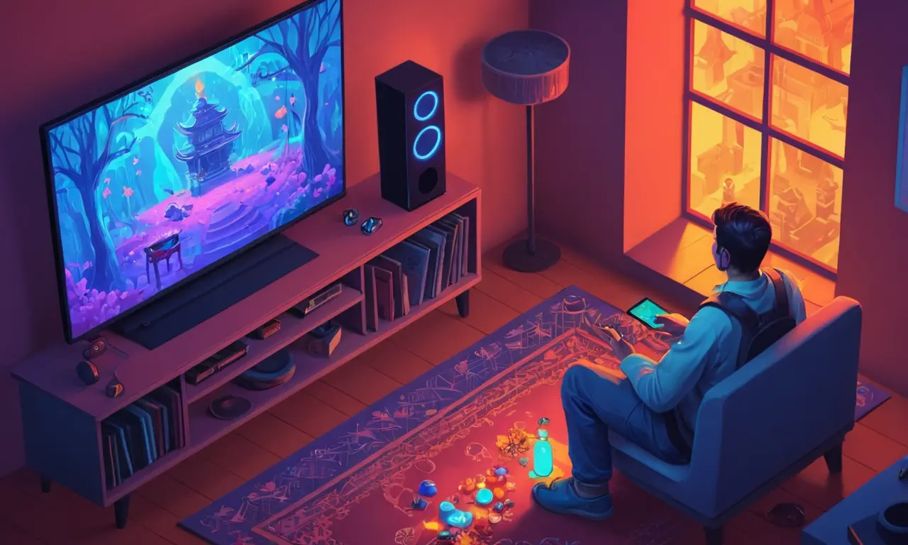 Un jugador sentado en un sofá rodeado de consolas de juego y objetos ritualistas.