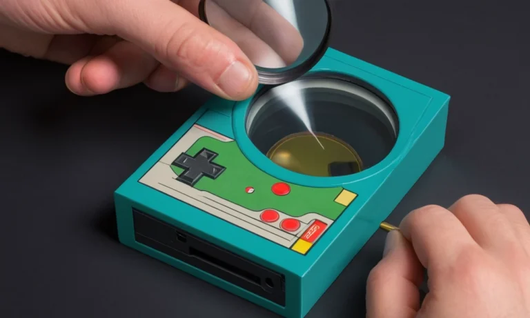 Un jugador maneja cuidadosamente un cartucho de videojuego vintage con una lupa.