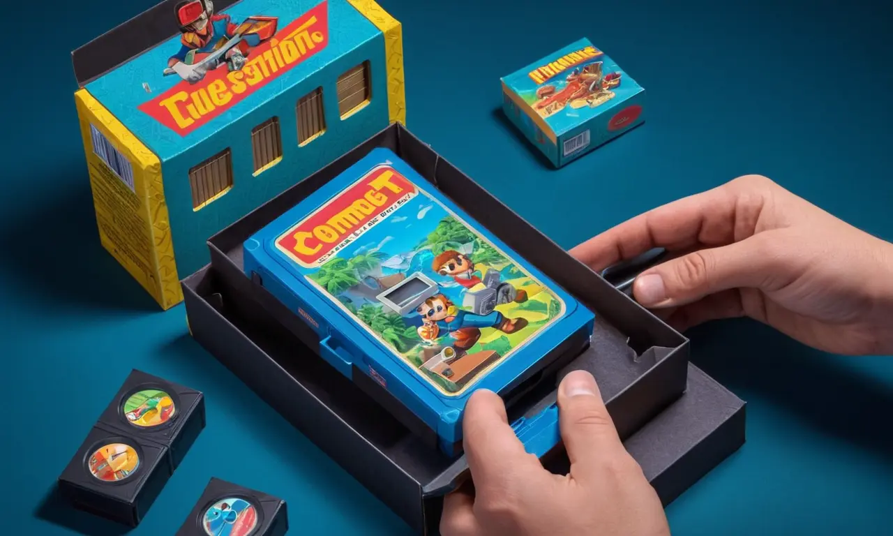 Un jugador que sostiene un cartucho de juego vintage en perfectas condiciones, con una lupa que inspecciona el embalaje.