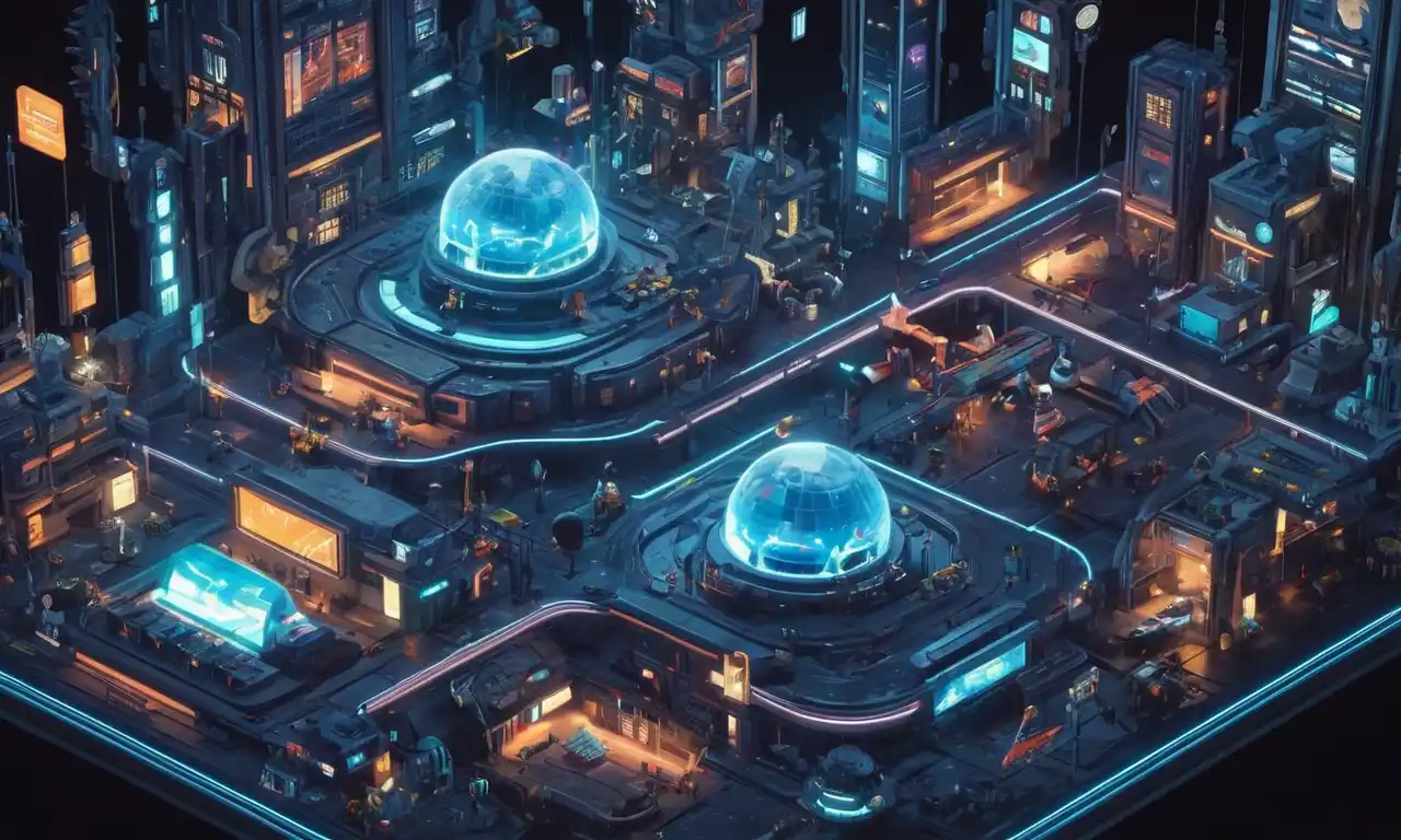 Un futurista paisaje urbano con emblemáticas naves espaciales y personajes del universo El Spaceworld entre pantallas que muestran escenas y logotipos de videojuegos clásicos.