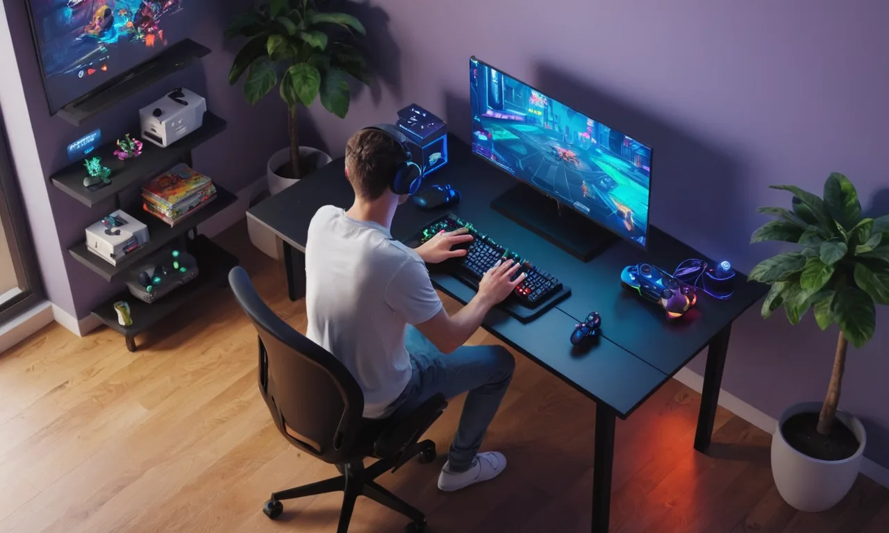 Un jugador sentado en un escritorio con controladores de juego y software de diseño abierto en la pantalla.