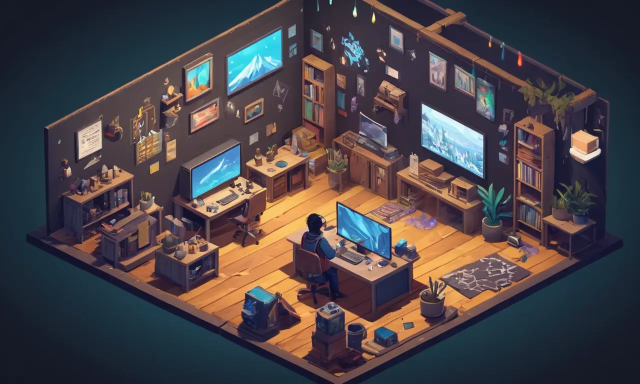 Un diseñador de juegos rodeado de pantallas y notas, con elementos narrativos y mecánica de juego entrelazados.