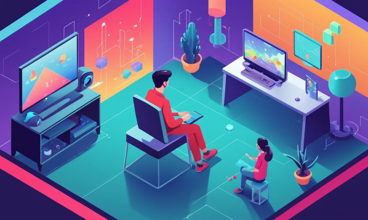 Una persona jugando un videojuego con un terapeuta en el fondo, rodeado de gráficos y diagramas.