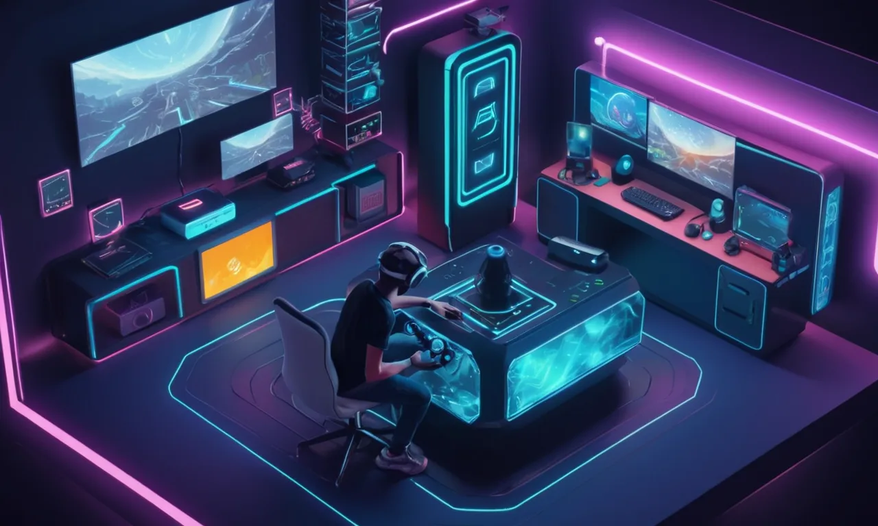 Arte conceptual de un jugador jugando un juego de terapia de realidad virtual en una consola futurista.