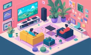 Una persona jugando un videojuego calmante en una consola rodeada de notas y equipos relacionados con la terapia.